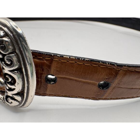 Reversible Brighton Style Leather Belt XL Brown Navy Croc Embossed Scroll Buckle main image 10